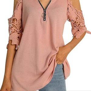 Women's Off Shoulder Lace Hollow Half Sleeve V-Neck Zipper Knit Long Tops